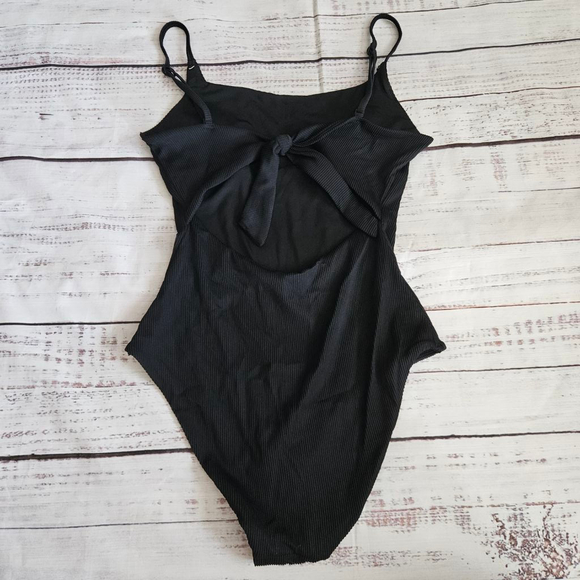 Aerie One Piece Full Coverage Black Ribbed Swimsuit Womens Small - Picture 2 of 5